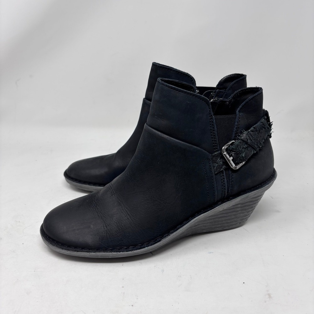 OTBT Leather Bootie Womens Size 9 Rocker Black Wedge Raw Harness Buckle Detail